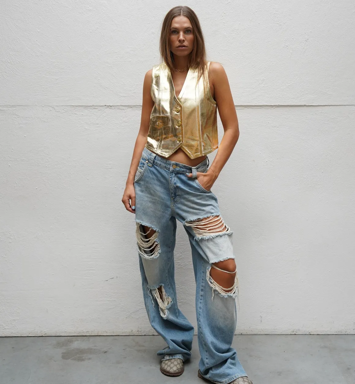 GANNI Tops | Co-Ords | Gold Foil Denim Gilet Yellow