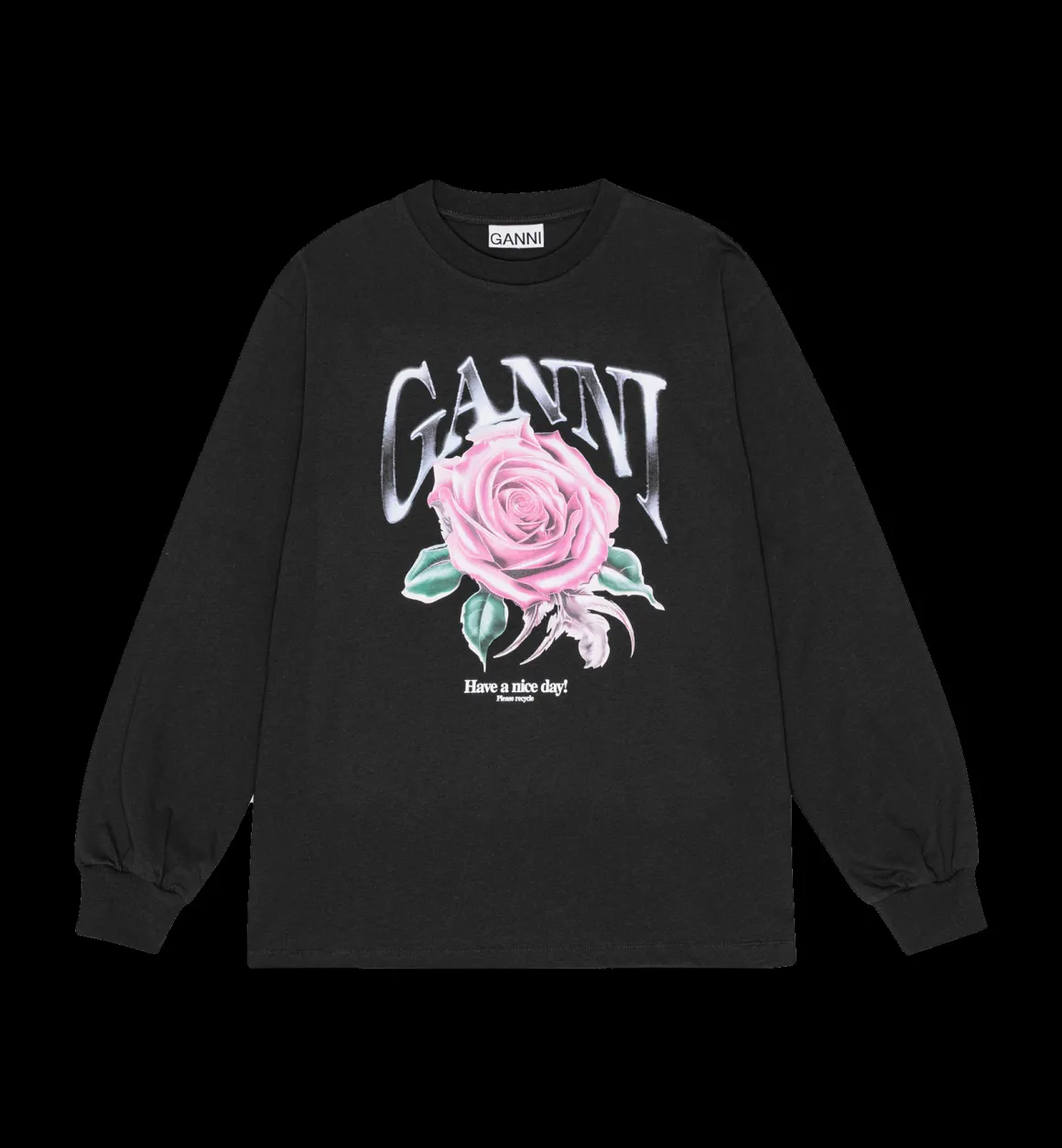 GANNI Tops | Rose Long Sleeve T-shirt Black