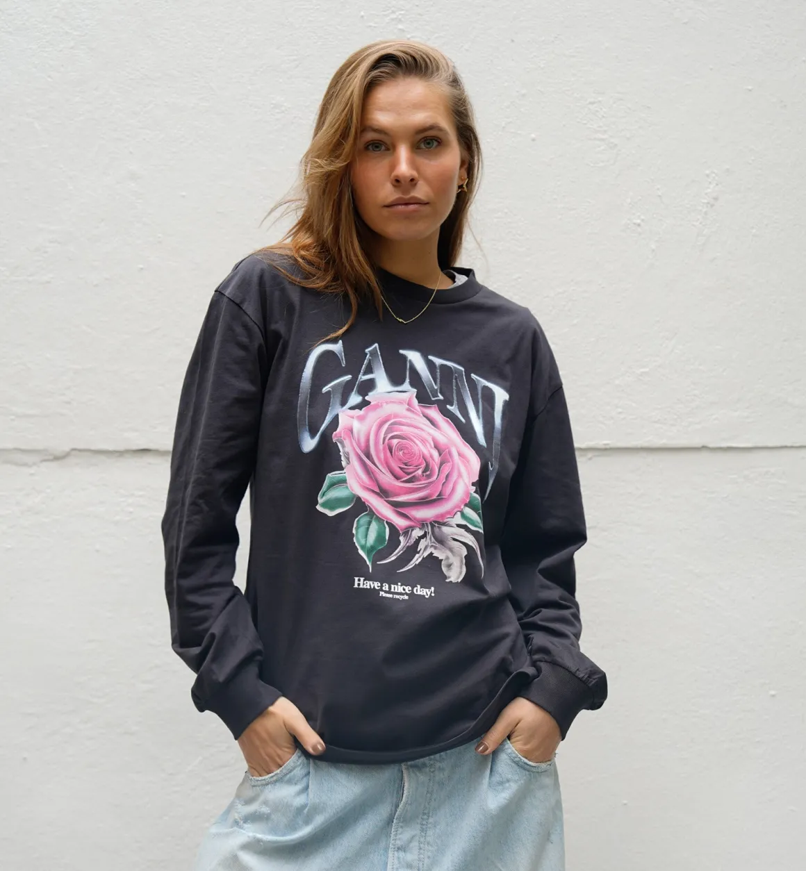 GANNI Tops | Rose Long Sleeve T-shirt Black