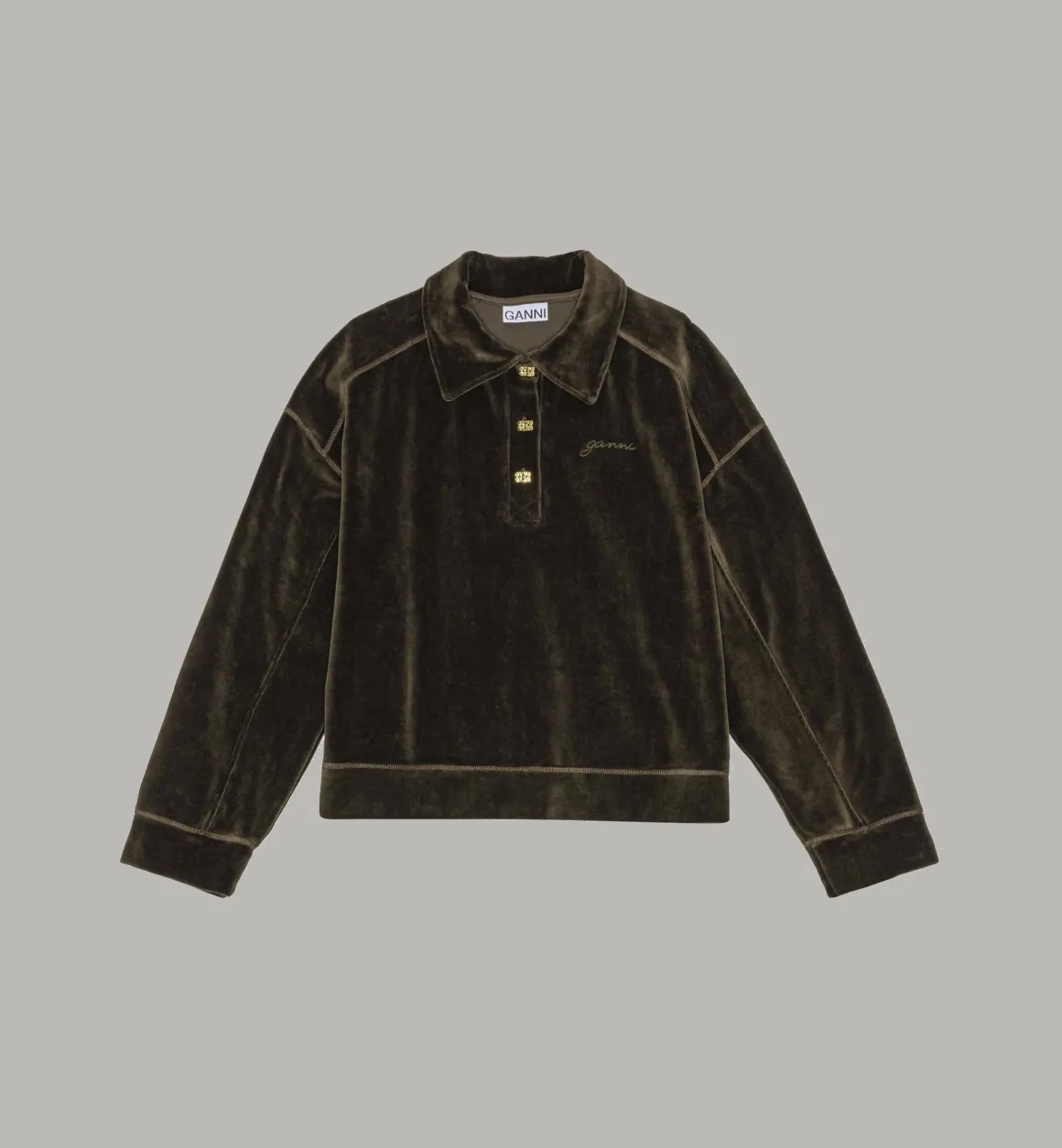 GANNI Tops | Velour Polo Shirt Green