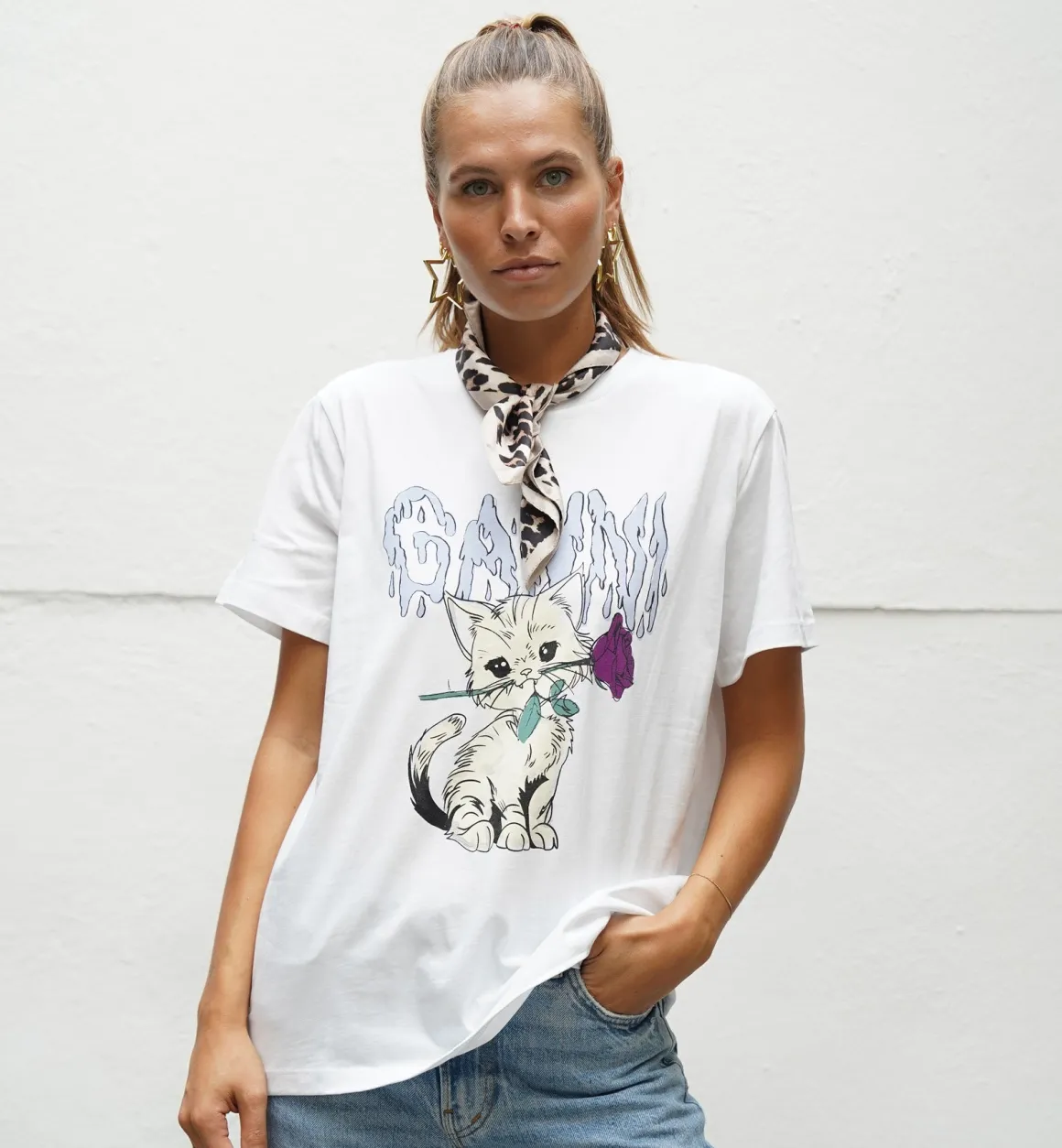 GANNI Tops | Rose Cat Relaxed T-shirt White